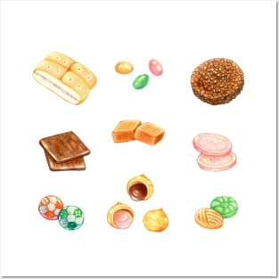 Taiwan Traditional Food - Nostalgic Snacks 台灣懷舊零食 - Apple Bread, Caramel Candy, Cream Puffs Posters and Art